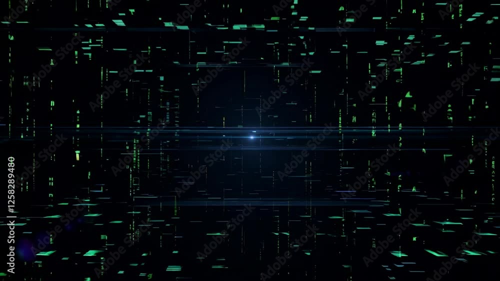 Poster exploring digital landscapes with green code cascading in a dark environment