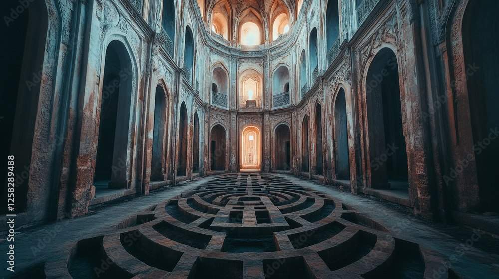 Poster ancient architecture features intricate maze design in a historical building