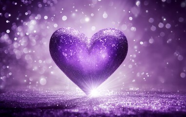 A purple heart with glitter on it is on a purple background