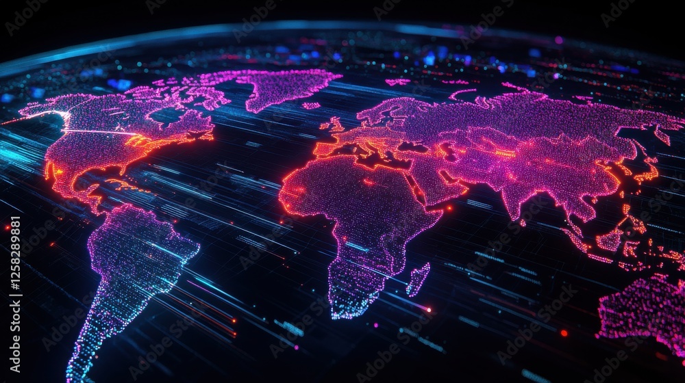 Poster a vibrant, digital world map showcasing interconnected regions through glowing lines and nodes, symb