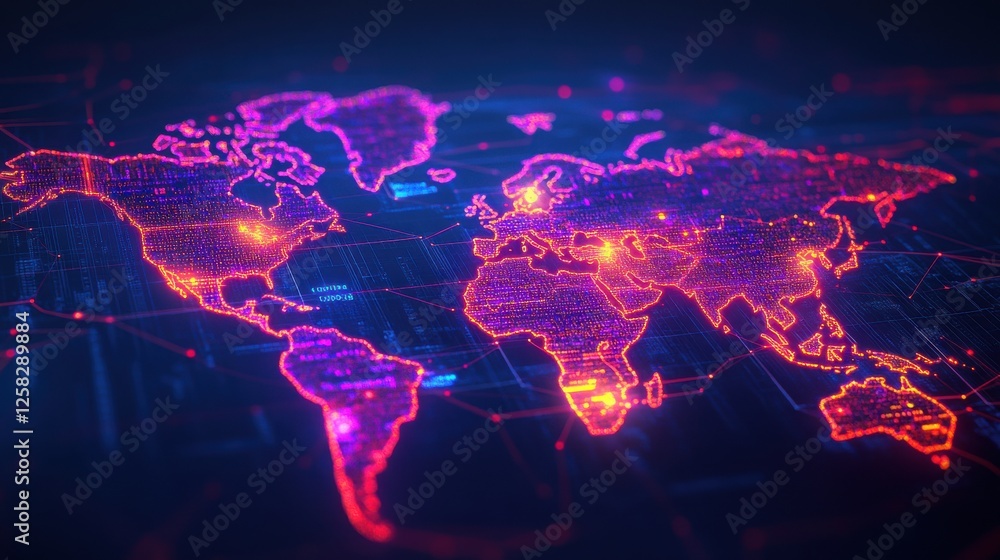 Poster a vibrant digital map of the world, illuminated with neon colors, showcasing global connectivity and