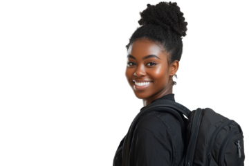Smiling young student black woman with backpack isolated on transparent png background