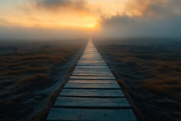 Misty sunrise boardwalk path leading to sun