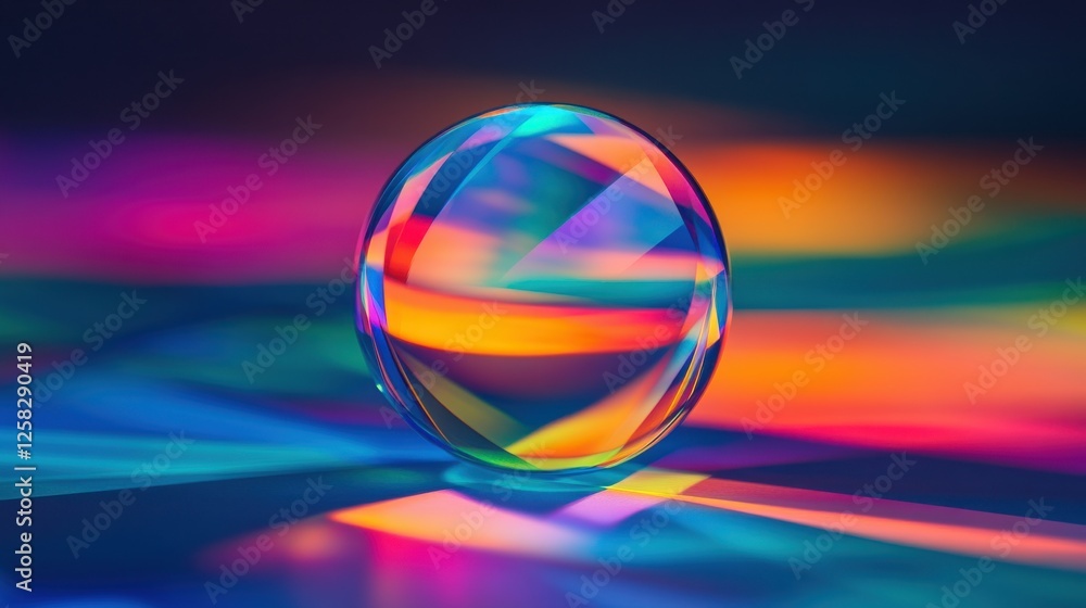 Poster a colorful glass sphere refracts light, creating vibrant patterns and shadows on a dark surface, sho