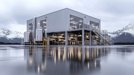 Obraz premium Modern industrial plant reflecting in wet ground, snowy mountains background