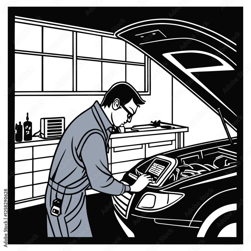 Poster a skilled mechanic meticulously inspects a car engine's intricate components using a diagnostic tool