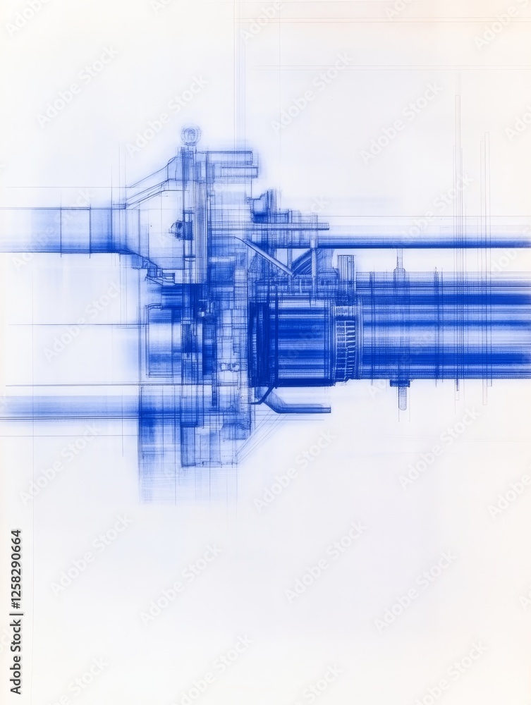 Poster abstract representation of a mechanical component with blue tones, suggesting motion and technology