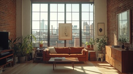 Fototapeta premium Loft apartment sunlit living room city view interior design