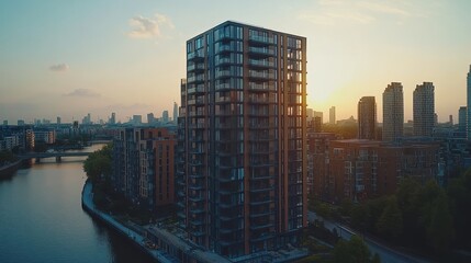 Obraz premium Sunset Cityscape Modern Apartment Building by River