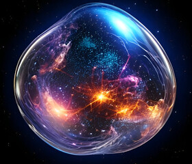 A 3D blob that looks like a piece of the universe, with swirling galaxies, stars, and nebulae visible inside its translucent form. The blob glows softly, casting cosmic light onto a dark void with .