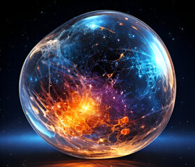 A 3D blob that looks like a piece of the universe, with swirling galaxies, stars, and nebulae visible inside its translucent form. The blob glows softly, casting cosmic light onto a dark void with .