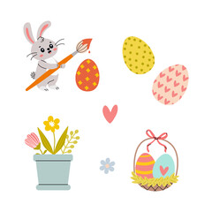 Cute bunny painting colorful Easter eggs surrounded by flowers and a basket in a cheerful spring setting
