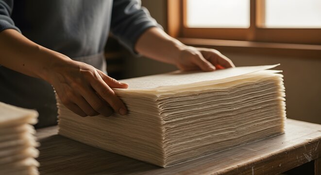 Artisan hands carefully arrange a stack of handmade paper, a testament to traditional craftsmanship and timeless artistry.