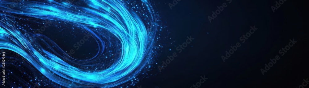 Poster a glowing blue wave of light flows gracefully against a dark background, creating a dynamic and ethe