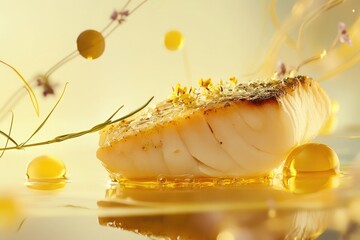 Naklejka premium Buttery black cod presented elegantly on saffron emulsion with infused oil and edible flowers
