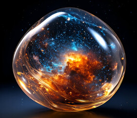 A 3D blob that looks like a piece of the universe, with swirling galaxies, stars, and nebulae visible inside its translucent form. The blob glows softly, casting cosmic light onto a dark void with .