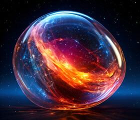 A 3D blob that looks like a piece of the universe, with swirling galaxies, stars, and nebulae visible inside its translucent form. The blob glows softly, casting cosmic light onto a dark void with .