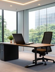 Fototapeta premium Modern office workspace featuring a sleek desk, ergonomic chair, and large windows with greenery