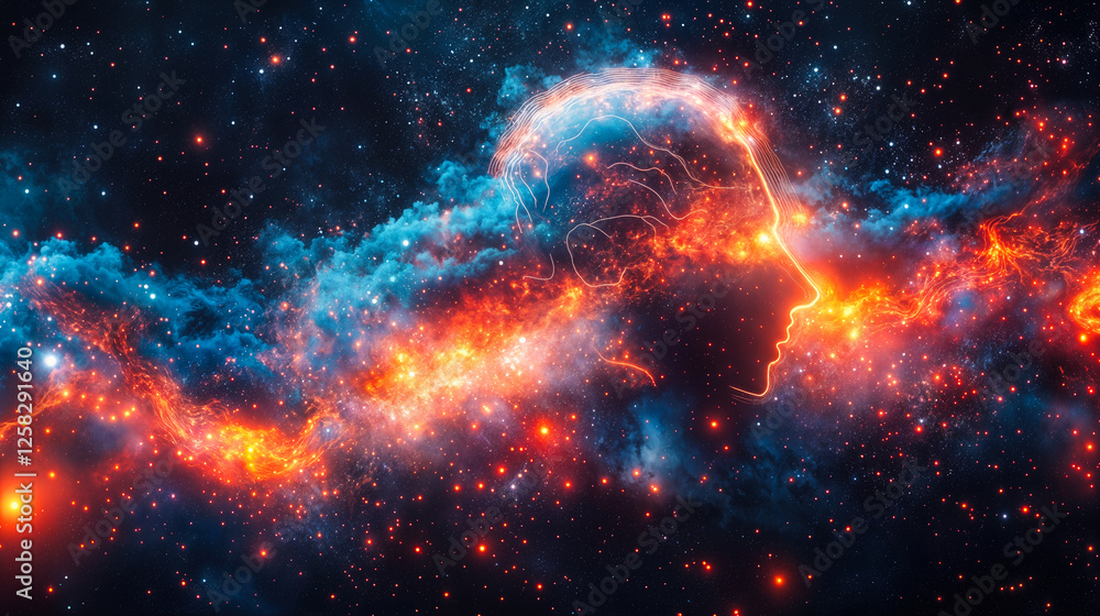 Aufkleber futuristic ai mind mapping visualization in cosmic space with glowing neural networks and intuitive 