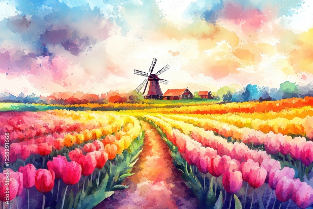 Poster Colorful watercolor illustration of tulip fields with a windmill in vibrant spring hues and space for text. Generative AI