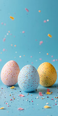Beautiful background with eggs lying on the blue surface. Easter concept.
