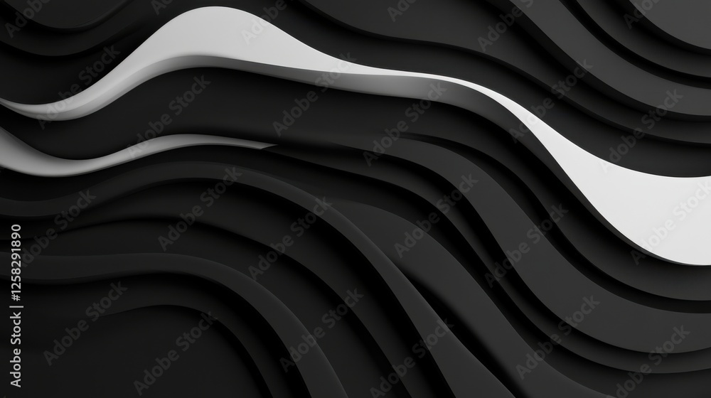 Poster a smooth, abstract design featuring layered black and white waves, creating a sense of depth and flu