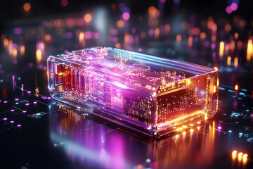 Futuristic quantum expansion card with clear casing, showcasing complex quantum processing unit surrounded by floating data streams and holographic symbols for advanced technology