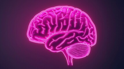 potential strength efficiency concept. Neon pink brain illustration on a dark background.