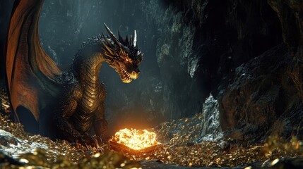 Majestic Dragon Guarding Treasure In Dark Cave
