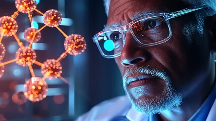 Senior Scientist Studying Molecular Structure with Digital Overlay - Powered by Adobe