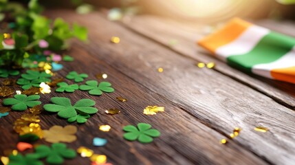 St. Patrick's Day Celebration on Rustic Wooden Table with Shamrocks, Confetti, and Irish Flag