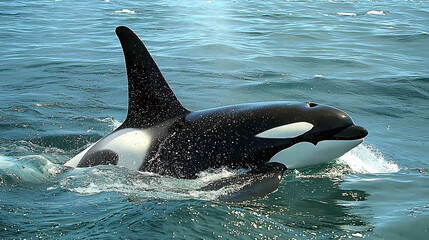Obraz premium Stunning closeup of an orca surfacing in the ocean. The image captures the whales powerful physique and striking black and white markings.