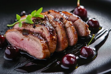 Elegant presentation of medium-rare duck breast with smoked cacao sauce and fresh cherries on a black plate