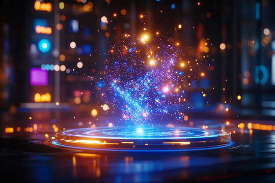 Highly advanced quantum clock system in futuristic computer lab with particles, energy fields, and floating digital numbers showing quantum processes on a transparent display