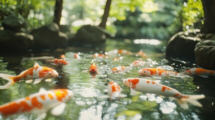 Koi fish swimming in a garden pond, lush foliage background, serene scene, ideal for relaxation