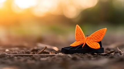 Orange Butterfly on Black Object in Soil at Sunset
