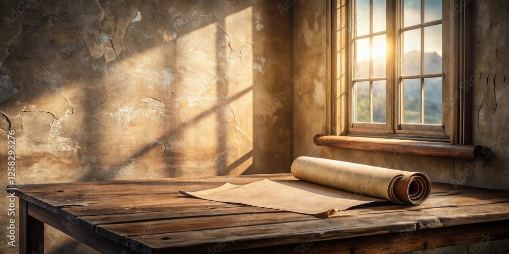Poster sunlit rustic wooden table with unfurling parchment scroll and window view