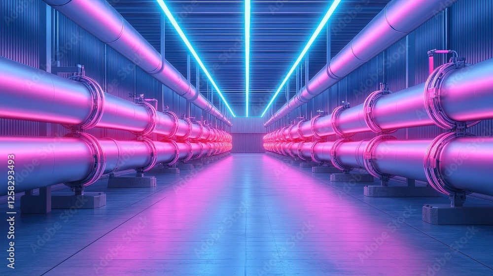 Poster futuristic corridor with high tech pipe network and precision clamps, illuminated by vibrant neon li