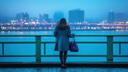 Woman Contemplates City Lights at Dusk Riverfront