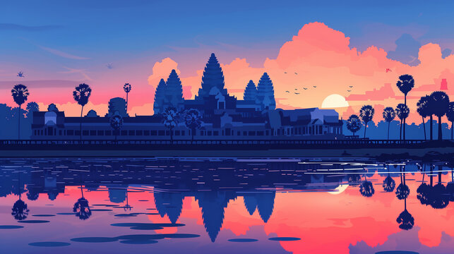 angkor wat silhouette pixel art vector flat design blue purple sunrise water reflection