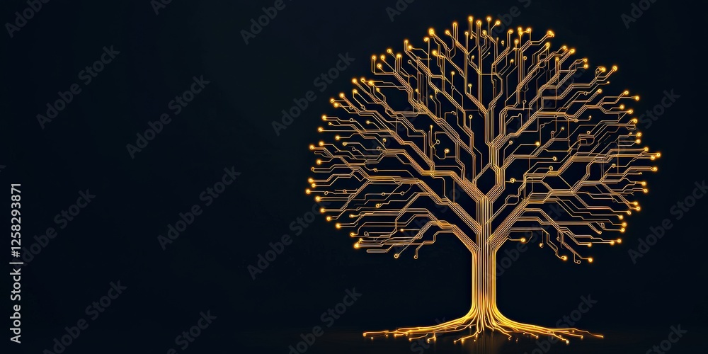 Poster potential strength efficiency concept. digital tree design with intricate glowing branches and roots