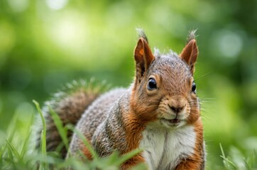 A charming squirrel with striking red fur peers inquisitively from a verdant green meadow.