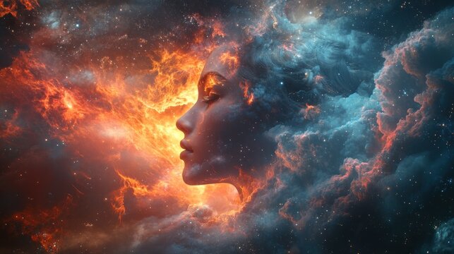 Woman's face cosmic nebula fiery cloudscape space fantasy art