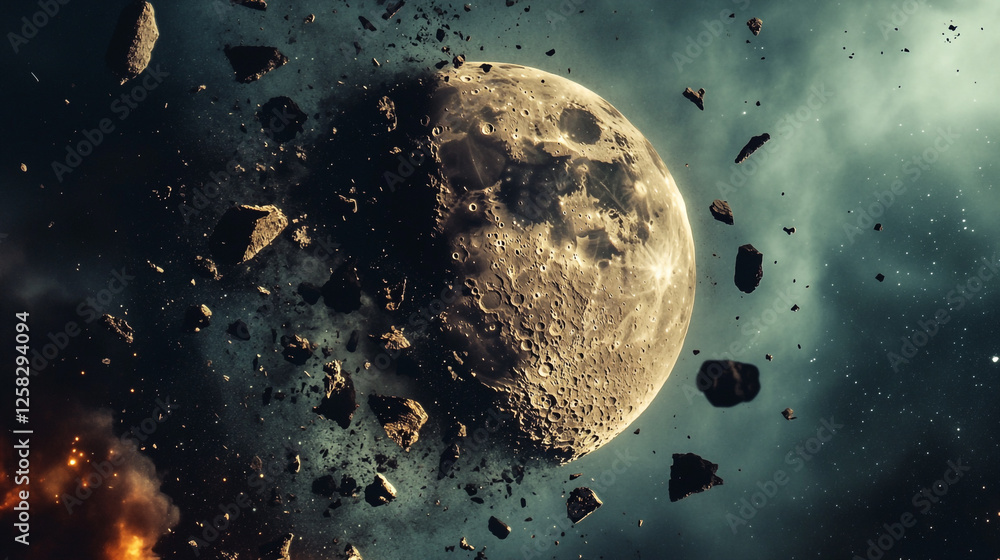 Poster celestial scene of a moon surrounded by asteroids in a cosmic environment