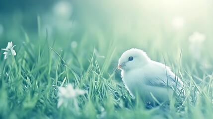 Young Bird Chick Resting in Green Grassy Meadow Soft Light Natural Spring Scenery Innocence Purity