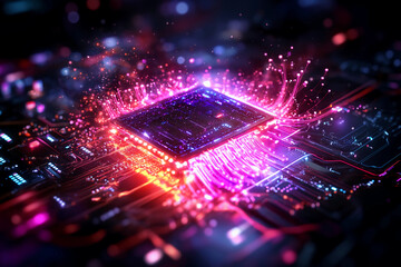 Quantum chip floating in zero-gravity surrounded by particles of light, symbolizing quantum superposition and entanglement in a futuristic digital world
