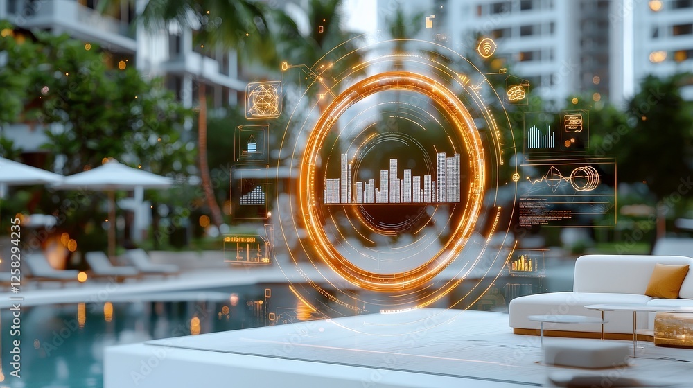 Poster futuristic digital interface with data visualization overlays luxurious outdoor pool area, surrounde