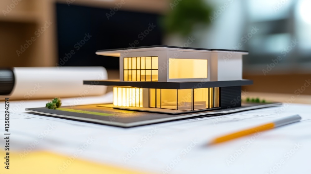 Aufkleber modern architectural model showcasing a sleek design on a blueprint with a warm glow and workspace