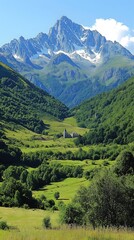 Obraz premium Majestic Mountain Peaks Tower Over Lush Green Valley with Distant Church on a Sunny Day