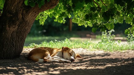 Small Dog Sleeping Peacefully Underneath A Tree